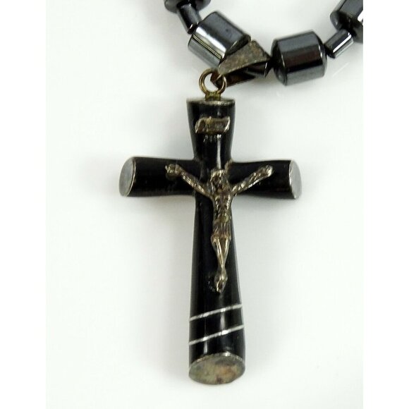 Religious Necklace Hematite Gray Beads Black Crucifix Cross Christian Catholic - Picture 2 of 5